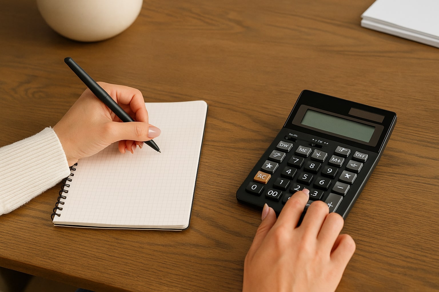 Une prothésiste ongulaire calcule ses tarifs avec un carnet et une calculatrice