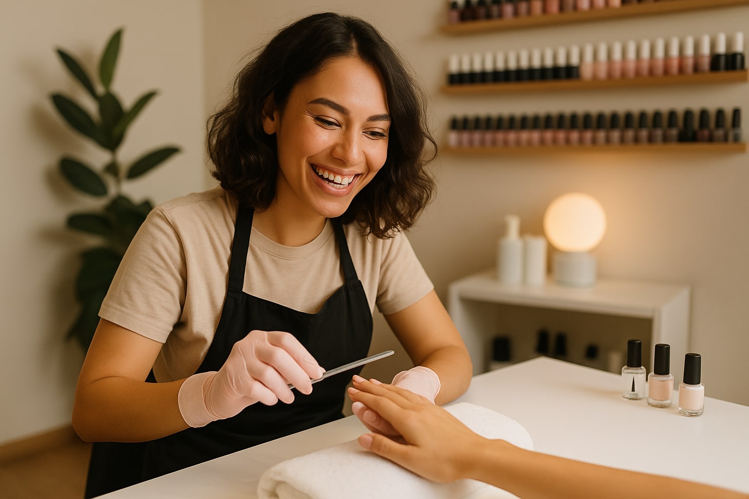Prothésiste ongulaire souriante travaillant avec énergie et motivation dans son salon