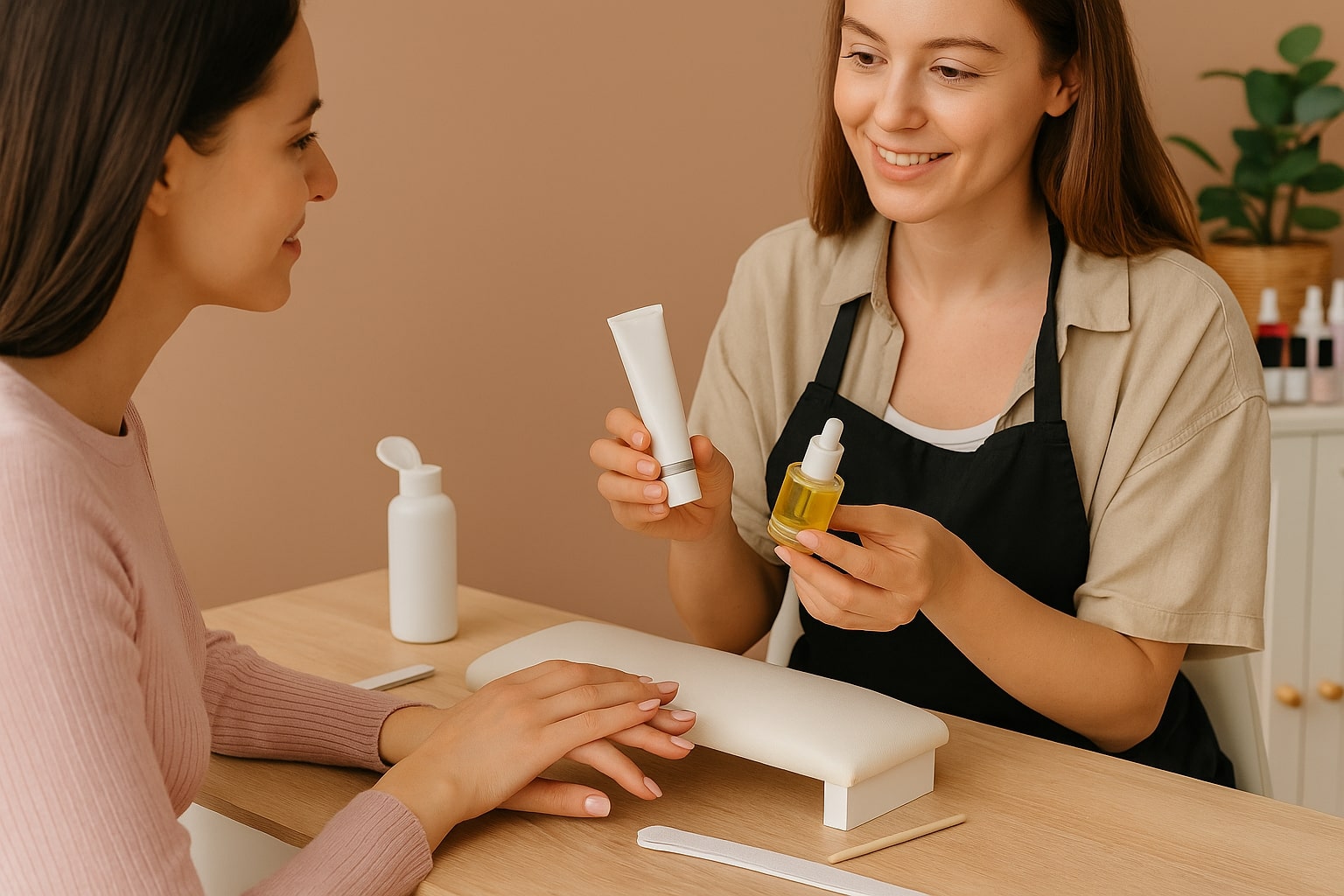 Prothésiste ongulaire présentant des produits à une cliente après une pose