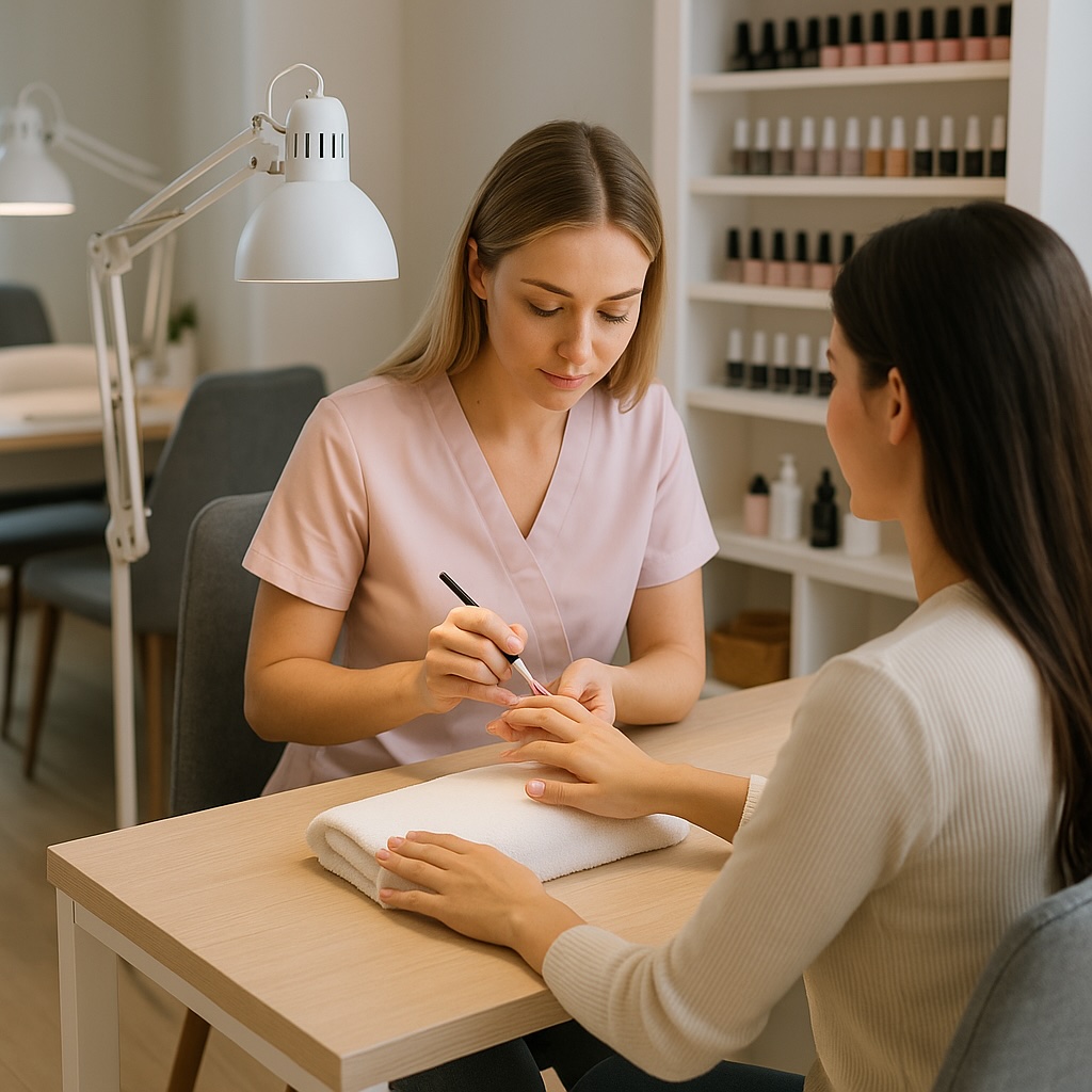 Prothésiste ongulaire accueillant une nouvelle cliente dans son salon